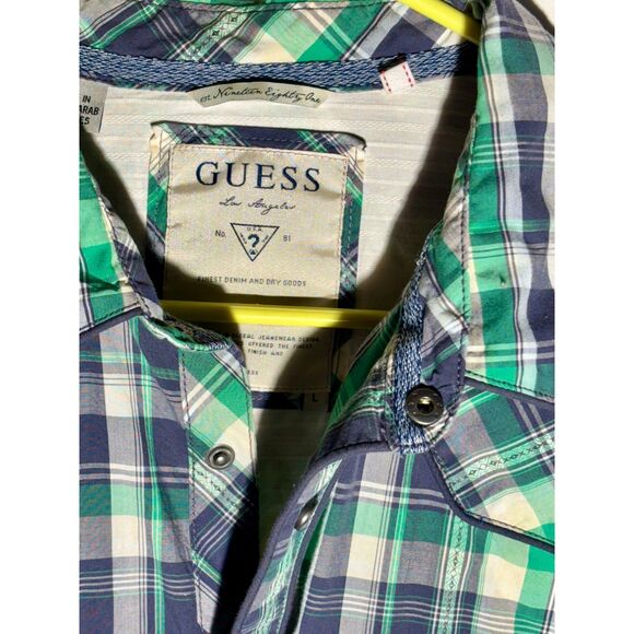 GUESS Men’s Plaid Western Snap Button Shirt Size L Blue Green Long Sleeve Casual - Picture 4 of 6